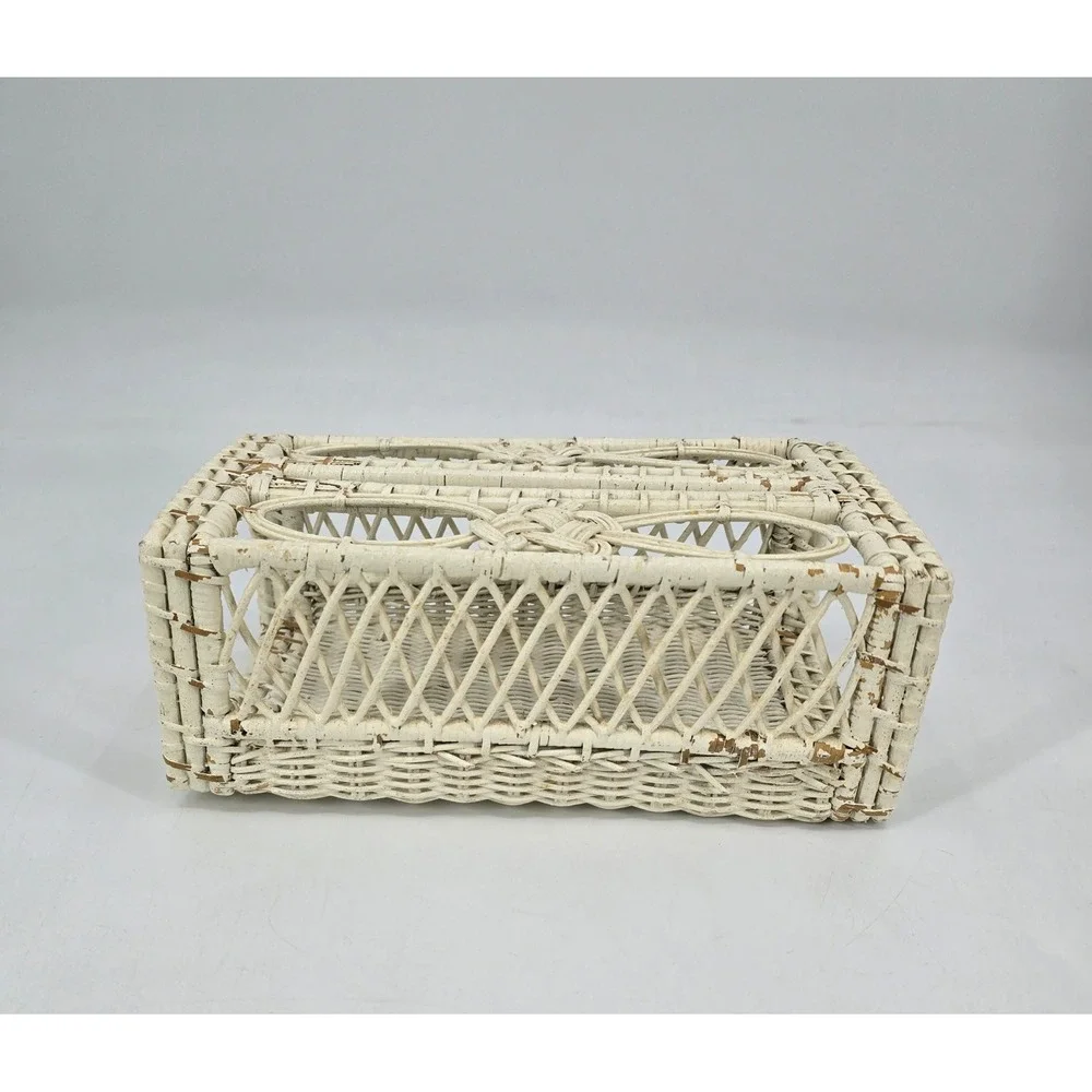 Vintage White Wicker Tissue Box Cover Rattan Holder Shabby Chic Cottage Decor